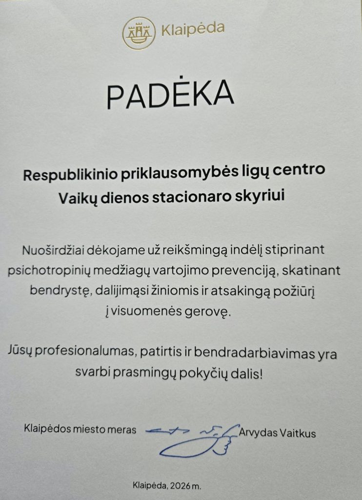 Klaipėdos filialo Vaikų dienos stacionaro skyriui – padėka