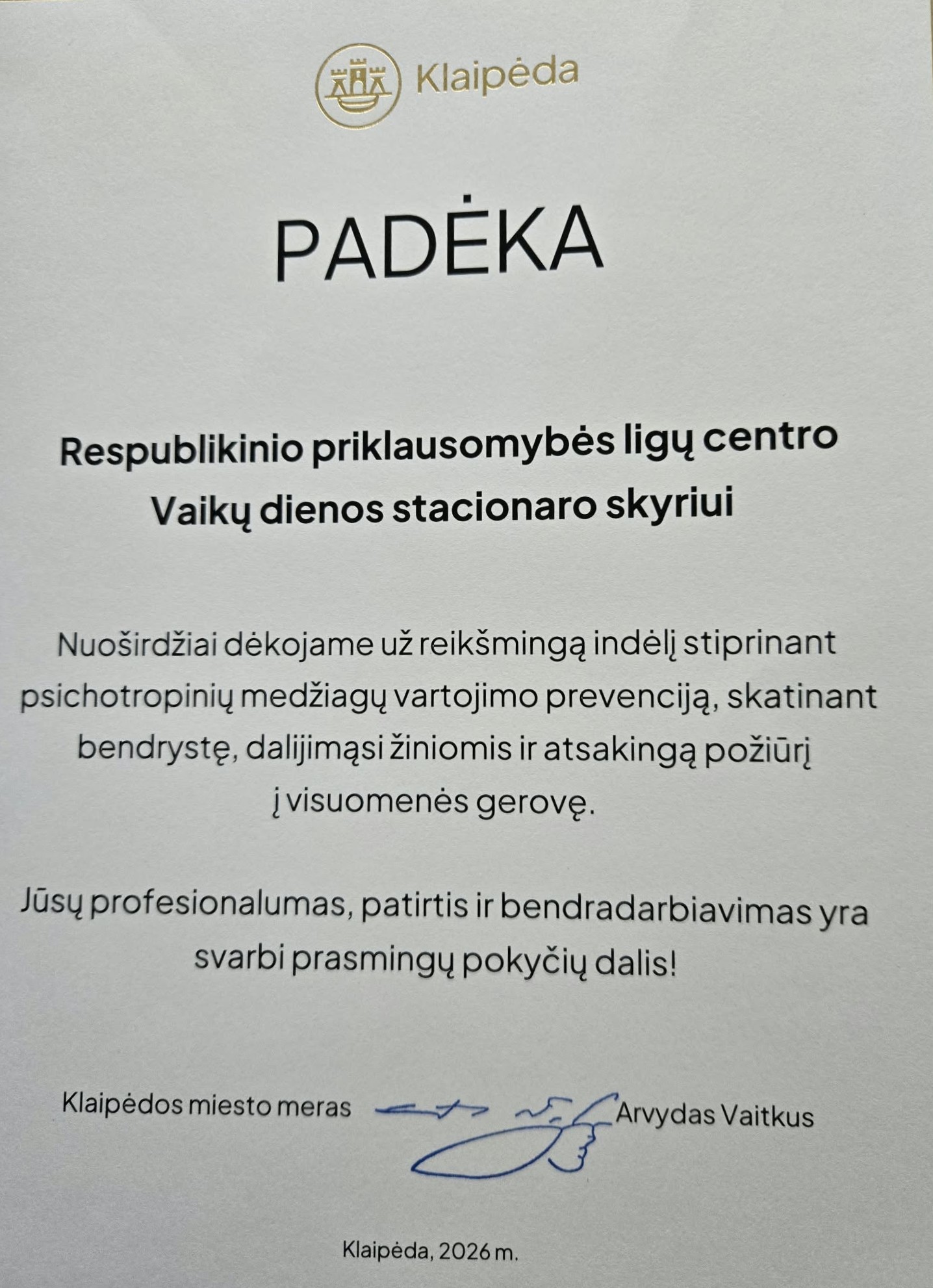 Klaipėdos filialo Vaikų dienos stacionaro skyriui – padėka